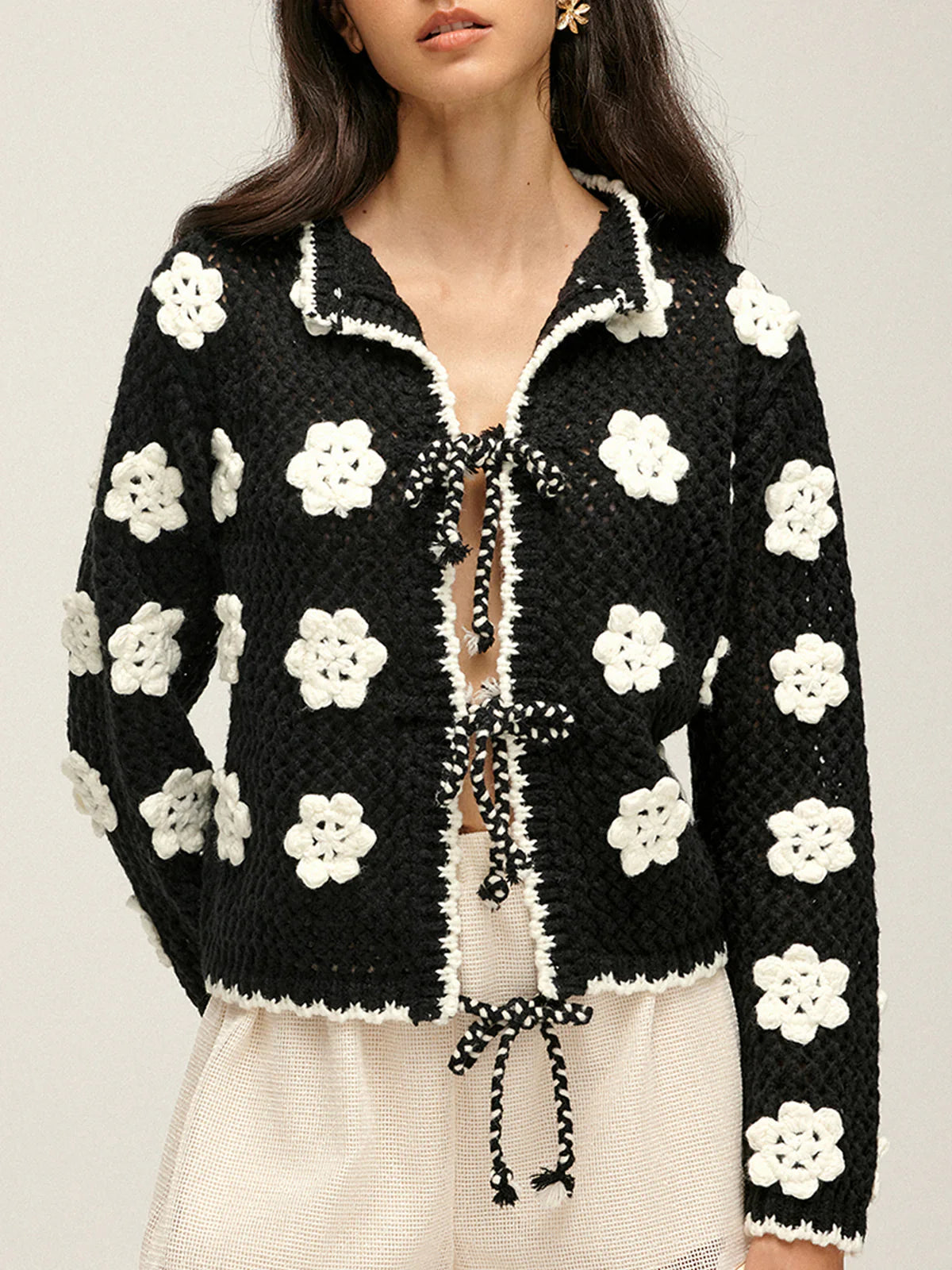 Floral Embroidered Lace Up Cardigan