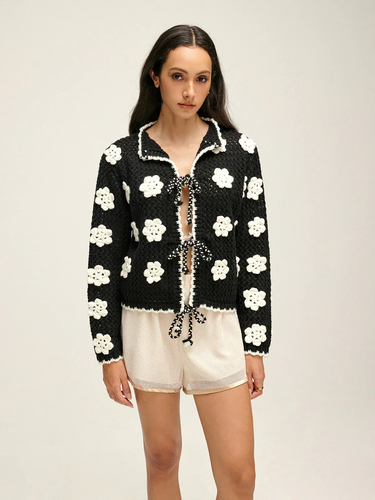 Floral Embroidered Lace Up Cardigan