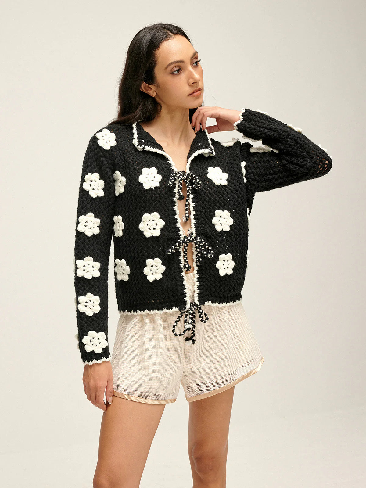 Floral Embroidered Lace Up Cardigan