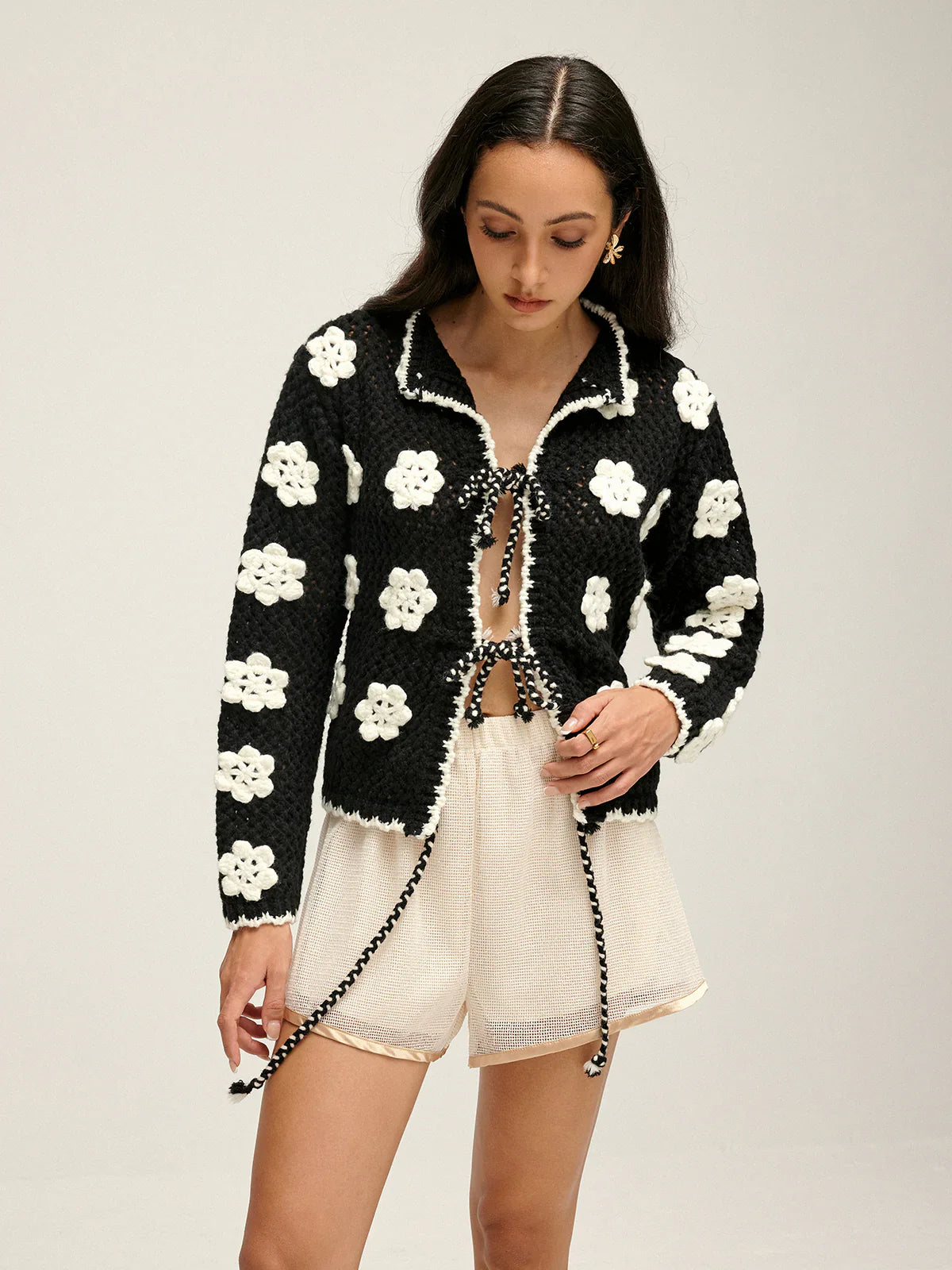 Floral Embroidered Lace Up Cardigan