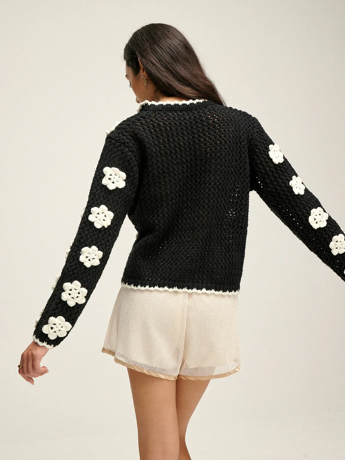 Floral Embroidered Lace Up Cardigan