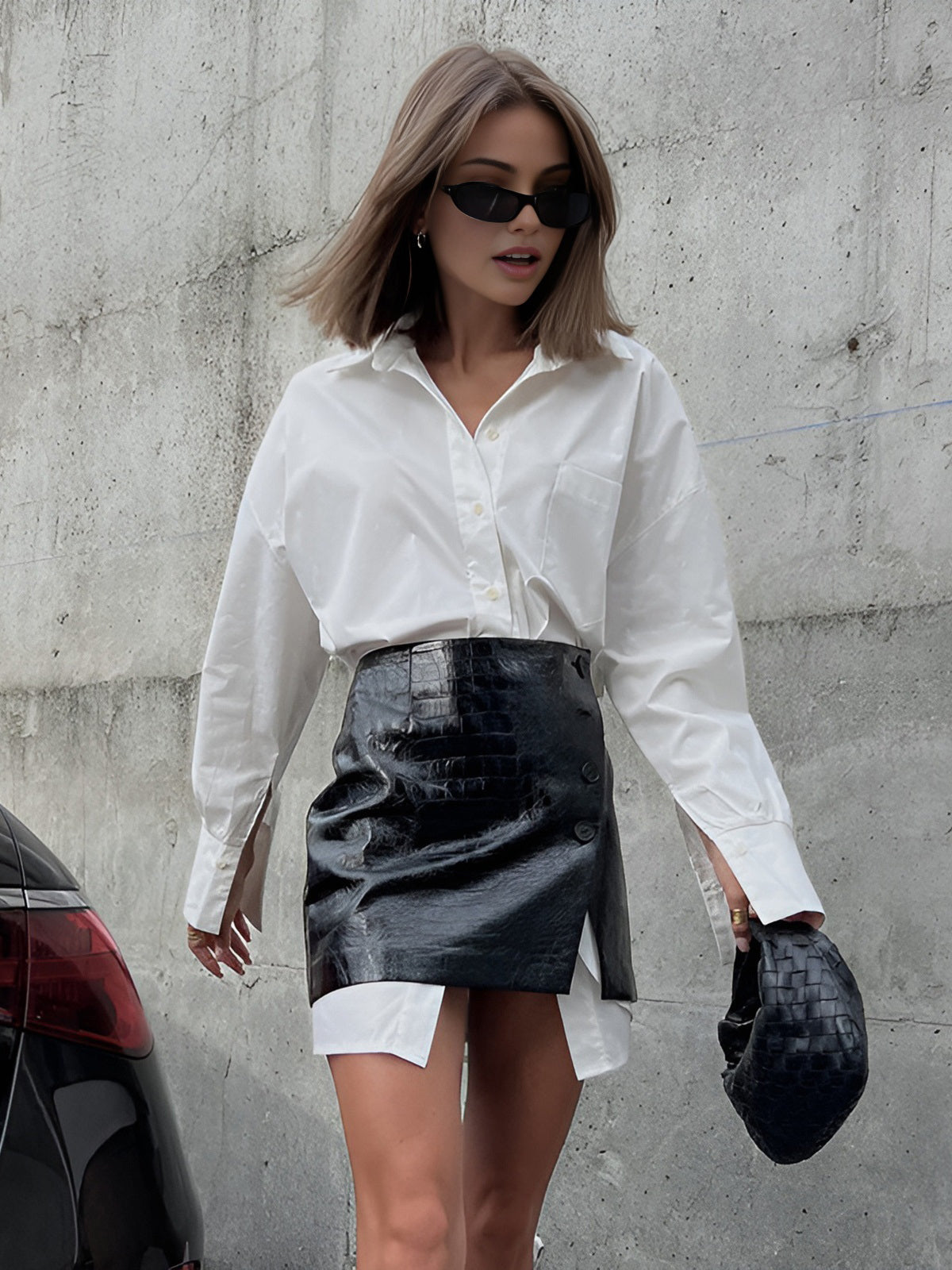 Casual Shirt With Faux Leather Mini Skirt Set