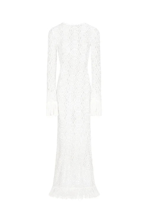 White Crochet Fringe Maxi Dress