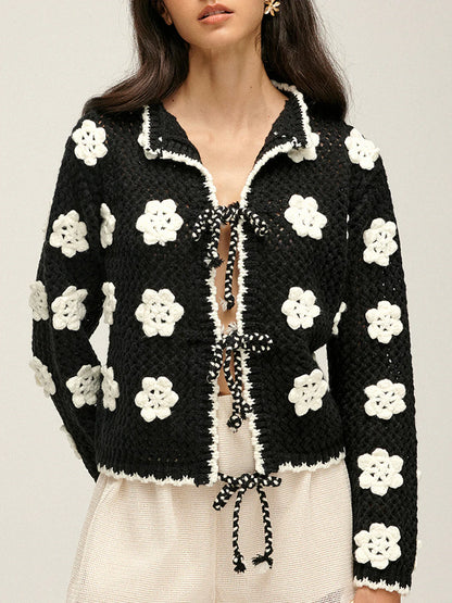 Floral Embroidered Lace Up Cardigan