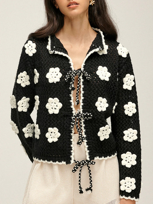 Floral Embroidered Lace Up Cardigan