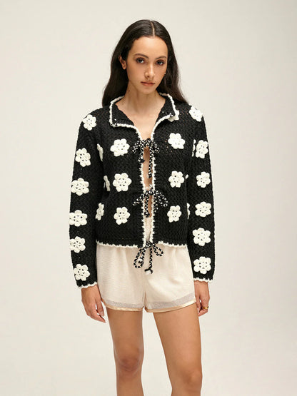 Floral Embroidered Lace Up Cardigan