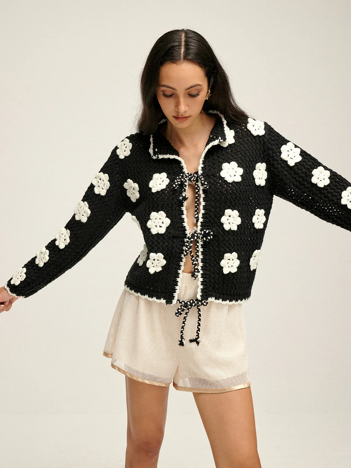 Floral Embroidered Lace Up Cardigan