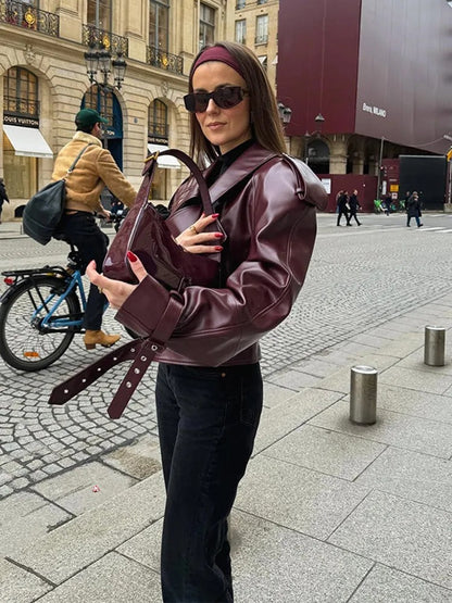 Leather jacket with elegant belt