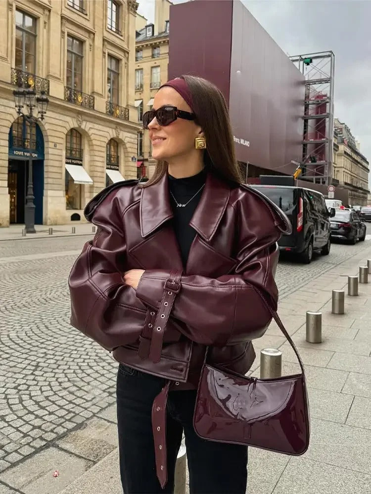 Leather jacket with elegant belt